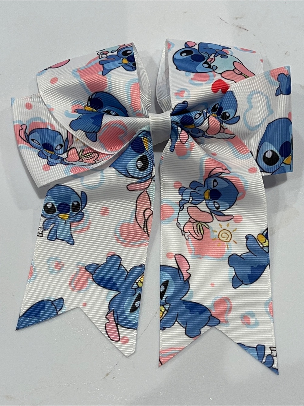 Cute Blue Stitch Character Bow - White & Blue with Pink Accents
